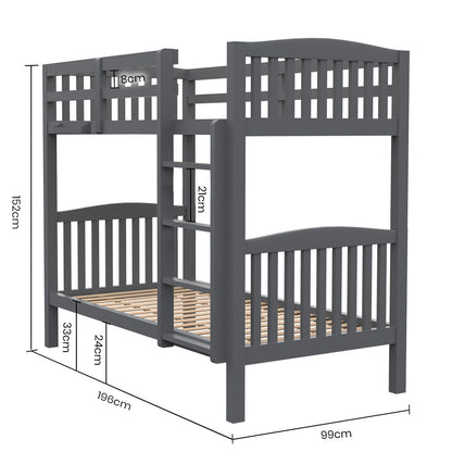 Kingston Slumber Single Bunk Bed Frame Solid Pine Wood Timber, Modular Design, Grey-Furniture > Bedroom > Beds &amp; Bed Frames-PEROZ Accessories