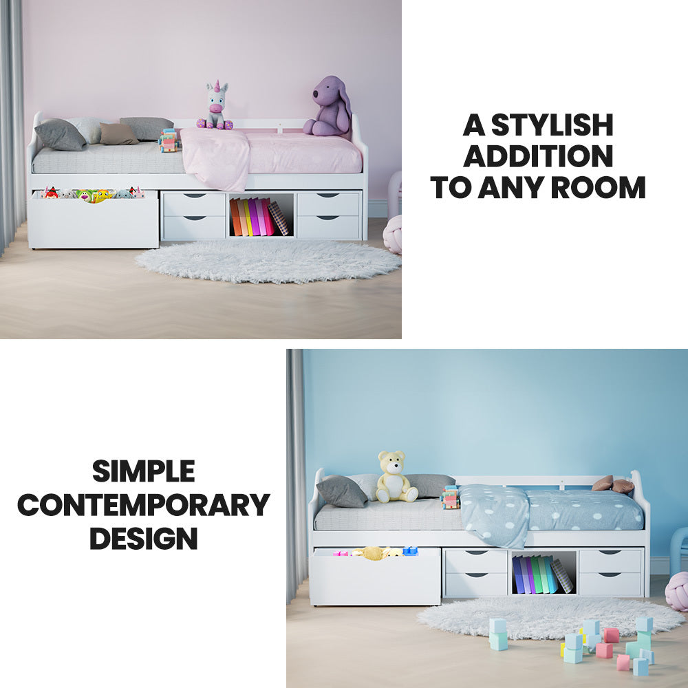 Kingston Slumber Wooden Single Sofa Bed Frame with Storage Drawers - White-Furniture > Bedroom > Beds &amp; Bed Frames-PEROZ Accessories