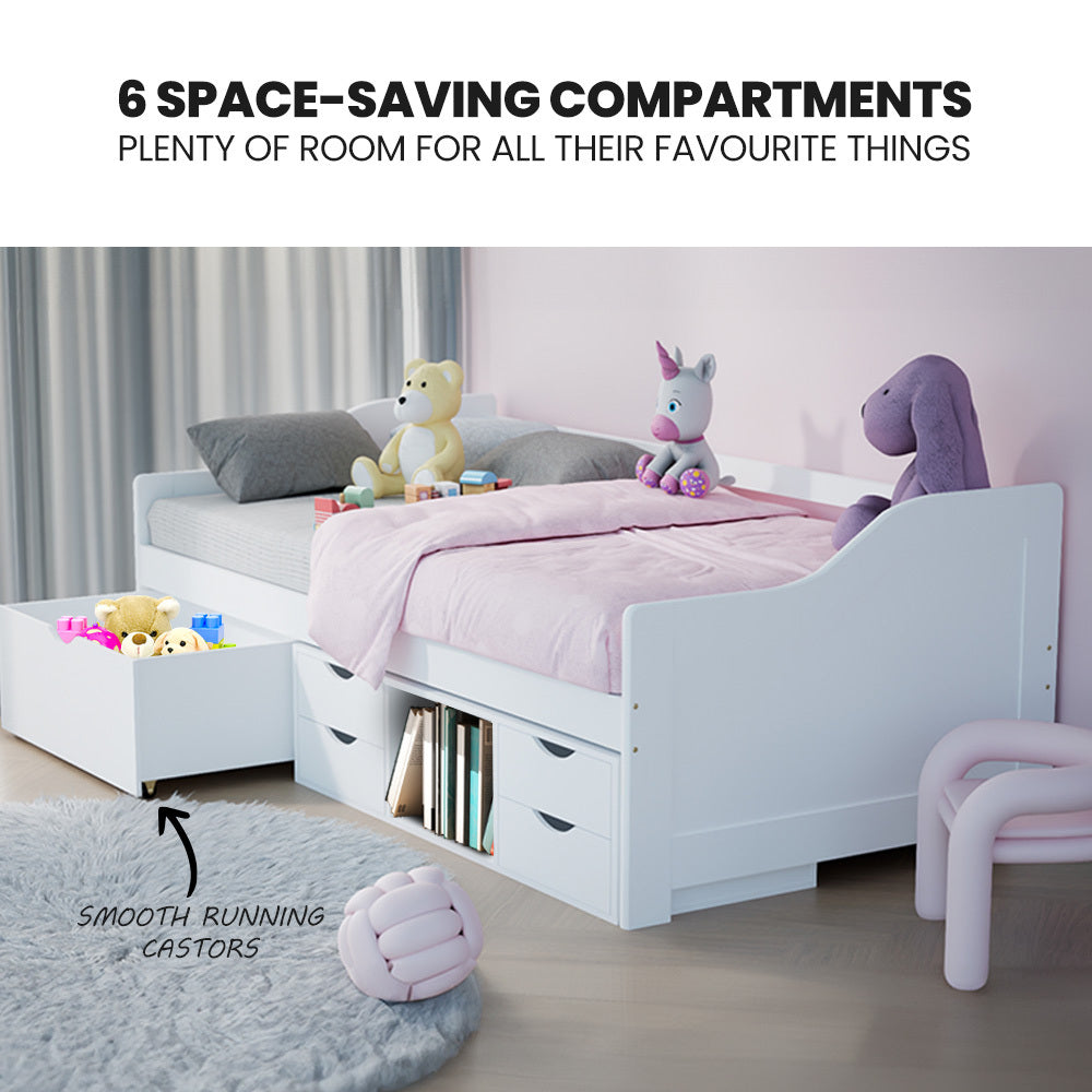 Kingston Slumber Wooden Single Sofa Bed Frame with Storage Drawers - White-Furniture > Bedroom > Beds &amp; Bed Frames-PEROZ Accessories