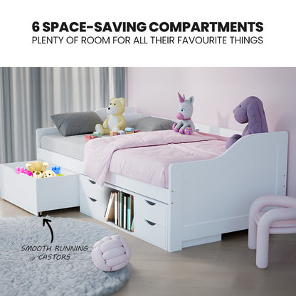 Kingston Slumber Wooden Single Sofa Bed Frame with Storage Drawers - White-Furniture > Bedroom > Beds &amp; Bed Frames-PEROZ Accessories