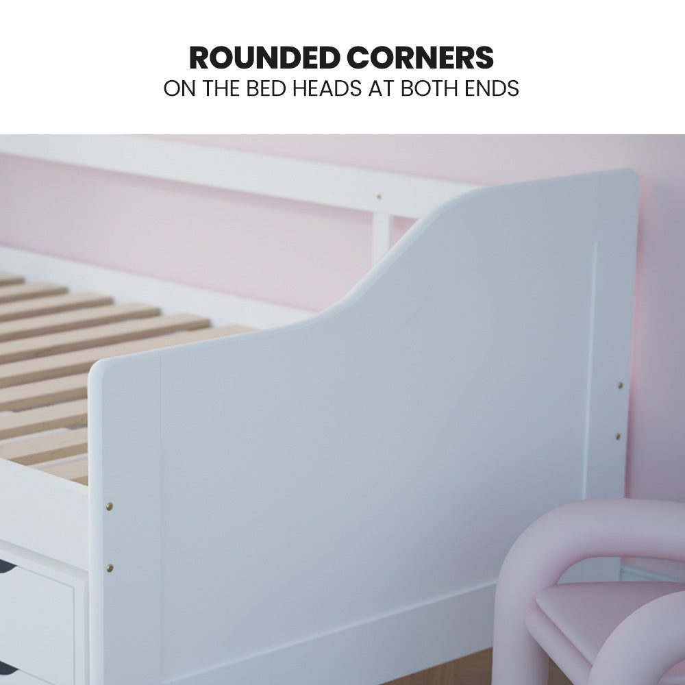 Kingston Slumber Wooden Single Sofa Bed Frame with Storage Drawers - White-Furniture > Bedroom > Beds &amp; Bed Frames-PEROZ Accessories