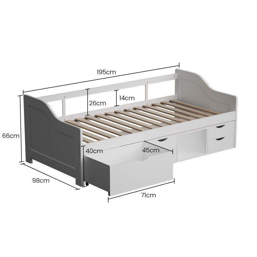 Kingston Slumber Wooden Single Sofa Bed Frame with Storage Drawers - White-Furniture > Bedroom > Beds &amp; Bed Frames-PEROZ Accessories