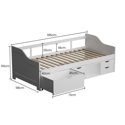 Kingston Slumber Wooden Single Sofa Bed Frame with Storage Drawers - White-Furniture > Bedroom > Beds &amp; Bed Frames-PEROZ Accessories