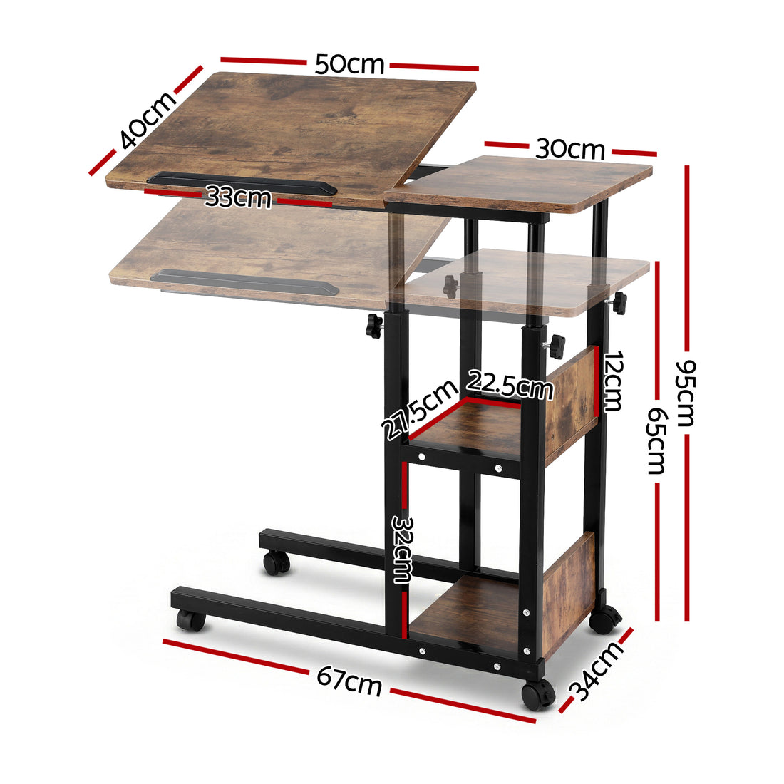 Artiss 3 Tier Adjustable Laptop Desk Tiltable Mobile Side Table Wheels-Electronics > Computers &amp; Tablets > Desktops &amp; Accessories-PEROZ Accessories