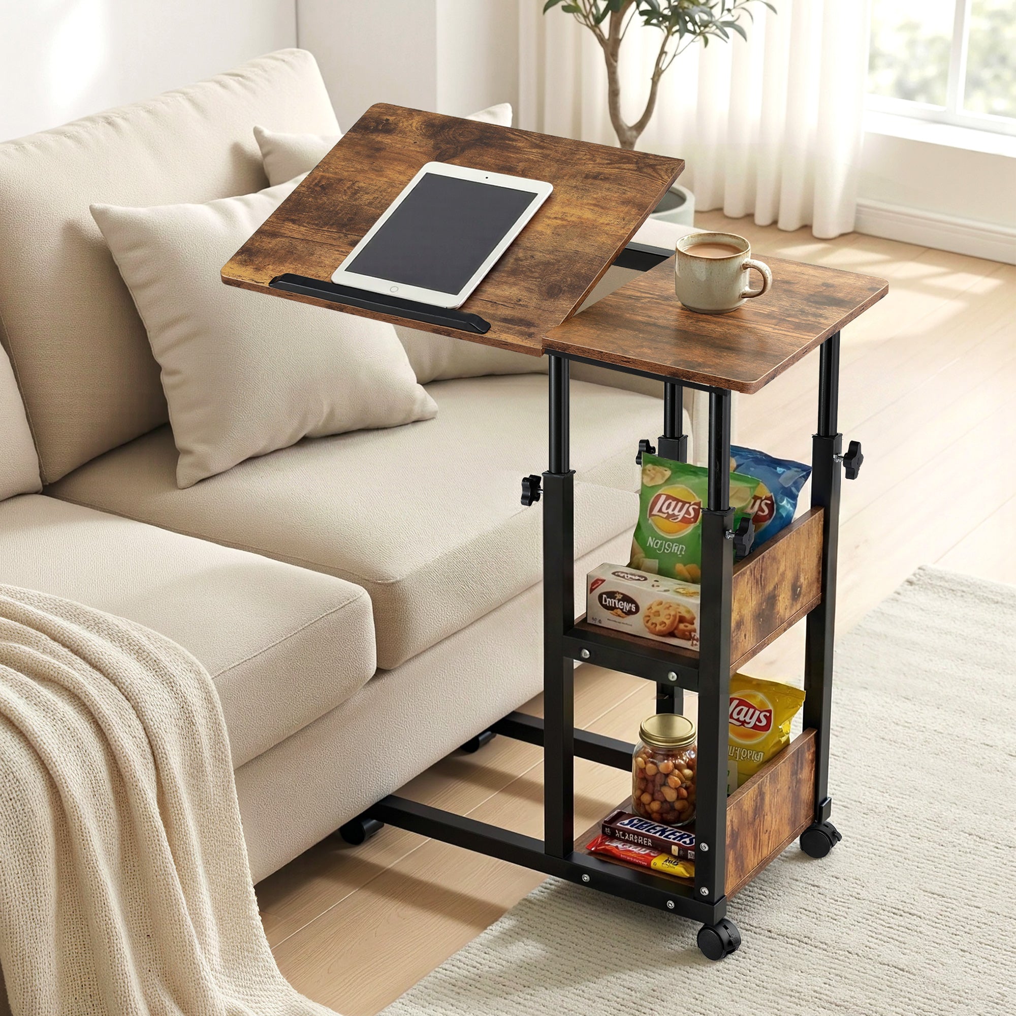 Artiss 3 Tier Adjustable Laptop Desk Tiltable Mobile Side Table Wheels-Electronics > Computers &amp; Tablets > Desktops &amp; Accessories-PEROZ Accessories