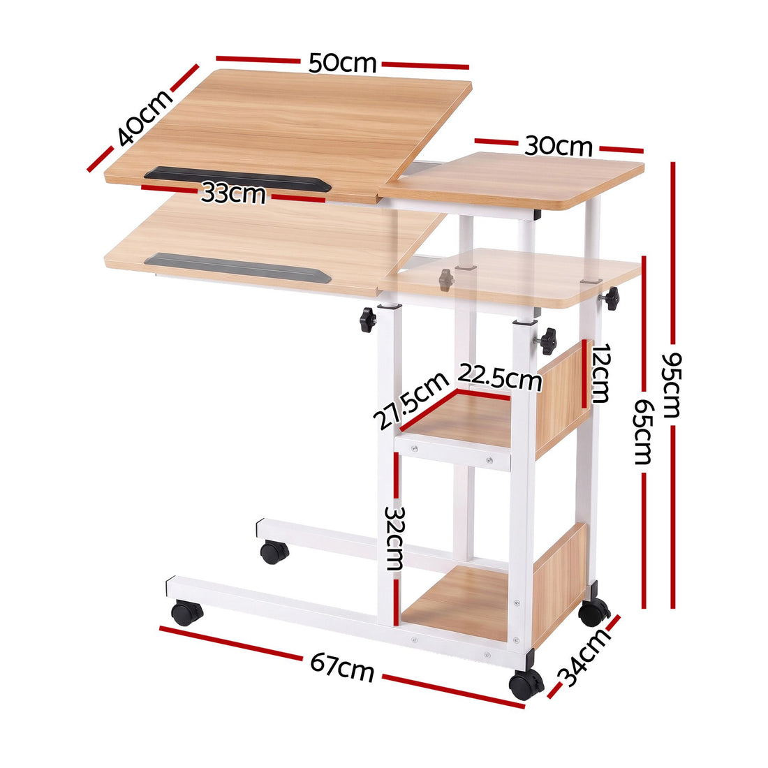 Artiss 3 Tier Adjustable Laptop Desk Tiltable Mobile Side Table Wheels Oak-Furniture > Office > Desks-PEROZ Accessories