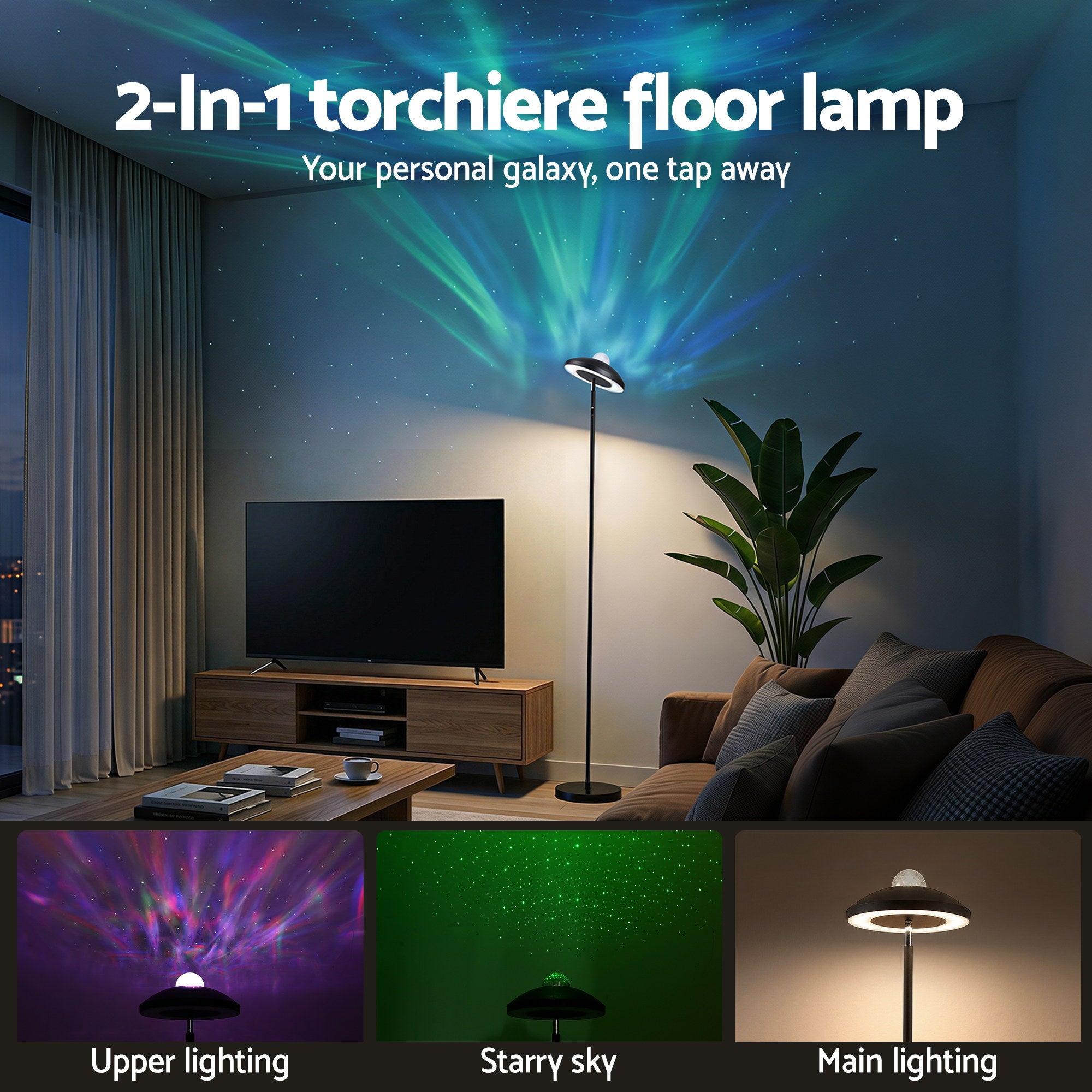 Artiss 2-in-1 LED Floor Lamp with Galaxy Projector &amp;Remote, 178cm Tall Torchiere Standing Light with Dynamic RGB Aurora Stepless 4 Colour Temperatures, 1H Timer for Living Room, Bedroom Kids Room-Home &amp; Garden > Lighting > Floor Lamps-PEROZ Accessories