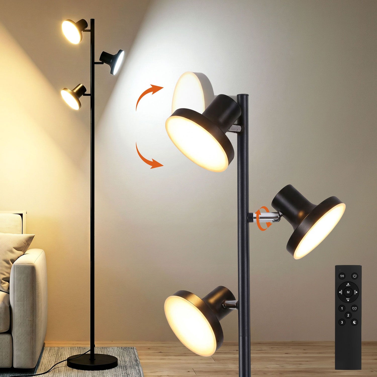 Artiss LED Tree Floor Lamp, 36W Modern Dimmable Standing Lamp with Remote &amp; Touch Control, 4 Color Temperatures, 3 Rotatable LED Light Floor Lamps for Living Room, Bedroom, Office