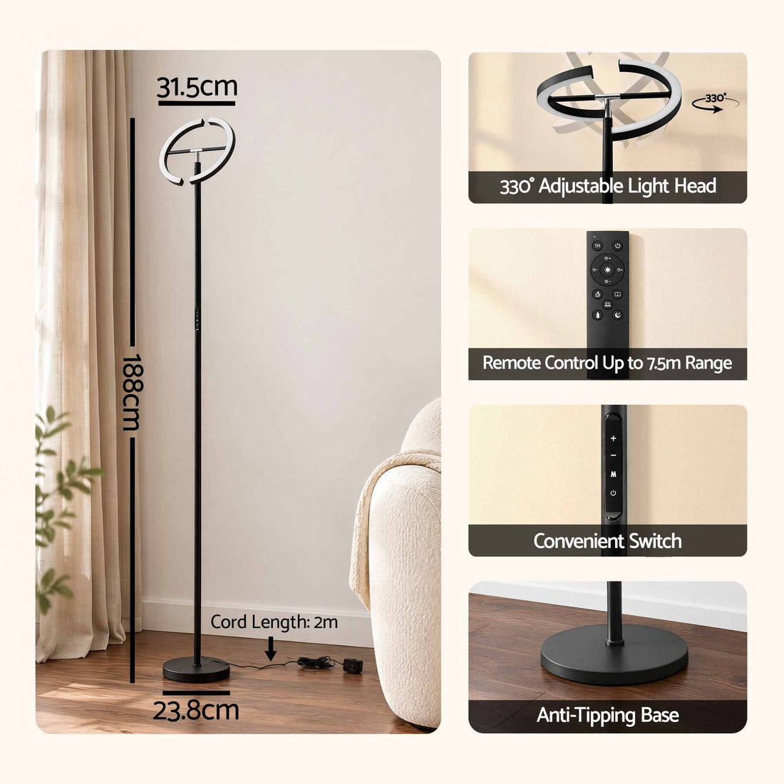 Artiss LED Floor Lamp with Dual Rotating Heads, Dimmable Light and Remote Control Black 20W-Home &amp; Garden > Lighting > Floor Lamps-PEROZ Accessories