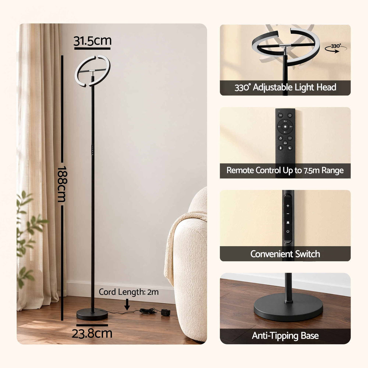 Artiss LED Floor Lamp with Dual Rotating Heads, Dimmable Light and Remote Control Black 20W-Home &amp; Garden > Lighting > Floor Lamps-PEROZ Accessories