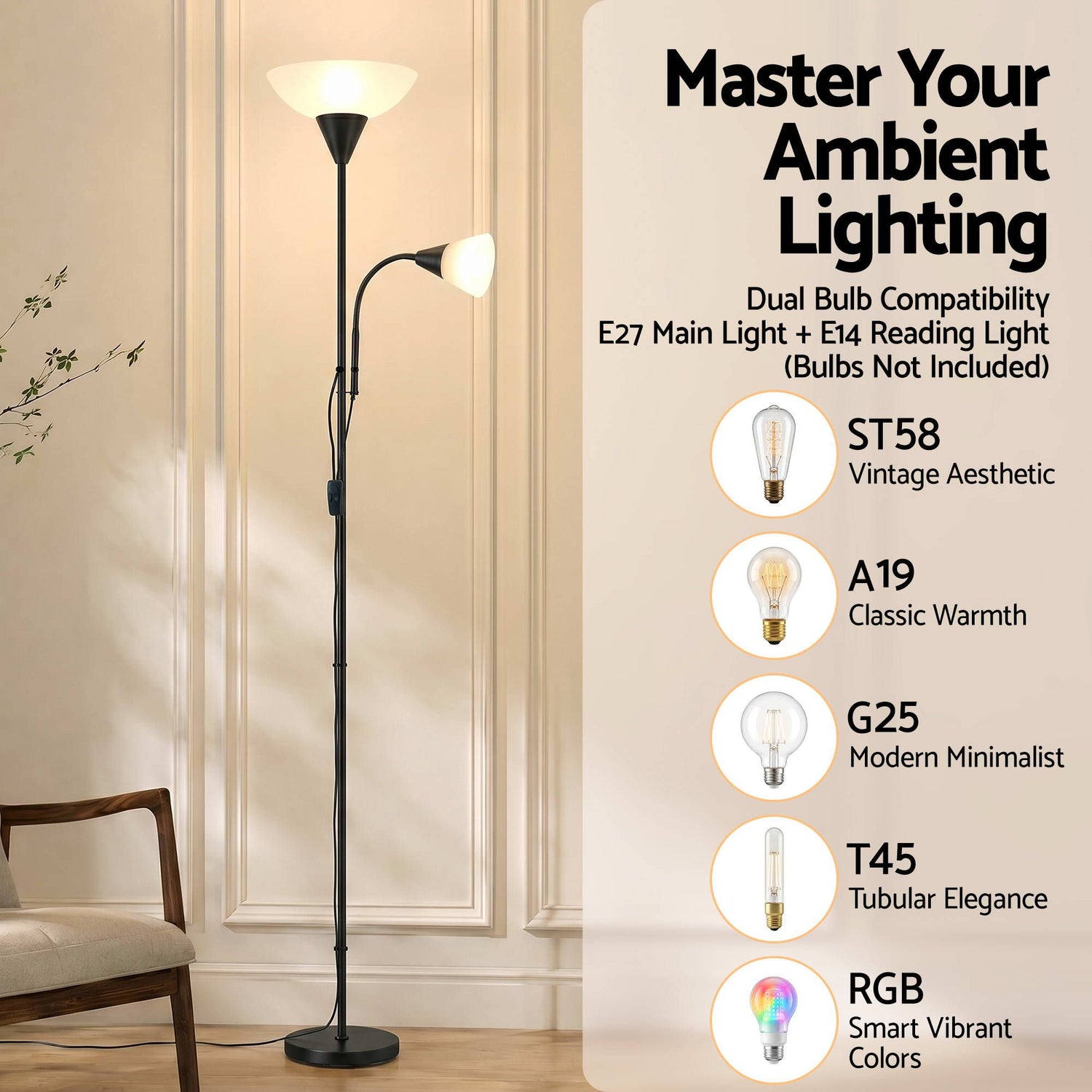 Artiss Floor Lamp Mother and Child Modern Home Living Room Office Reading Black-Home &amp; Garden > Lighting > Floor Lamps-PEROZ Accessories