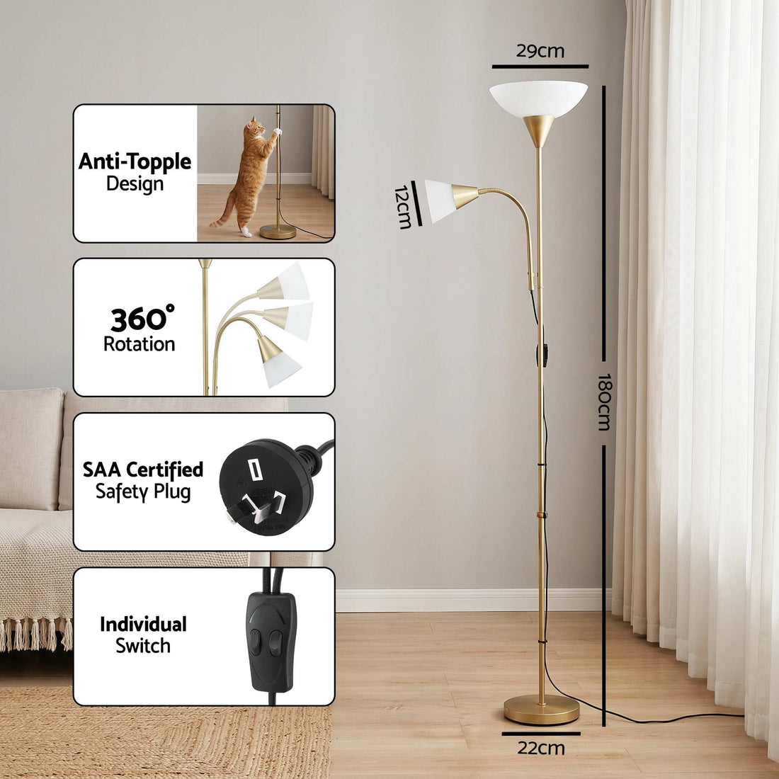 Artiss Gold Floor Lamp with Reading Light | Mother and Child Standing Lamp with 360 Flexible Gooseneck, Individual Switch &amp; Plate Shade, E27 &amp; E14 Bulb (Not Included) Home Living Room Office Reading-Home &amp; Garden > Lighting > Floor Lamps-PEROZ Accessories