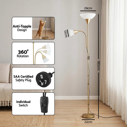 Artiss Gold Floor Lamp with Reading Light | Mother and Child Standing Lamp with 360 Flexible Gooseneck, Individual Switch &amp; Plate Shade, E27 &amp; E14 Bulb (Not Included) Home Living Room Office Reading