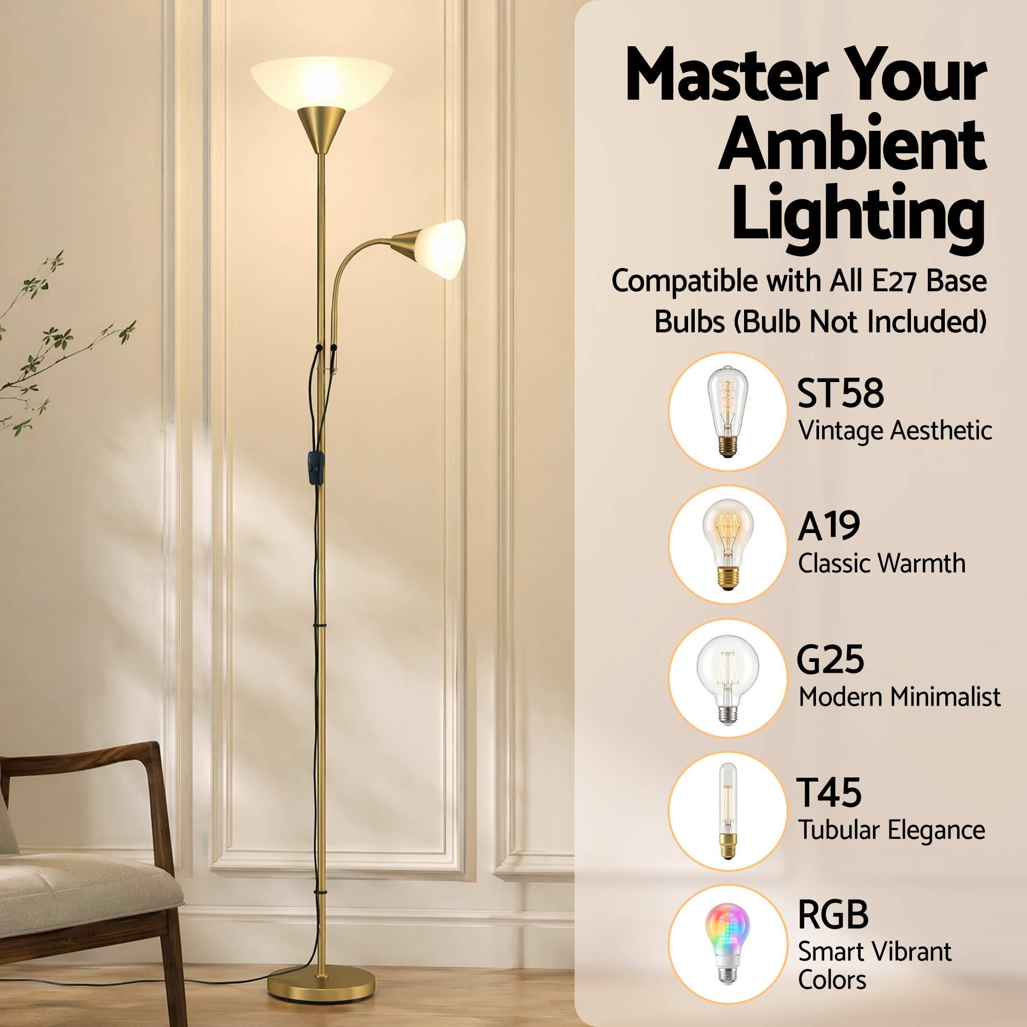 Artiss Gold Floor Lamp with Reading Light | Mother and Child Standing Lamp with 360 Flexible Gooseneck, Individual Switch &amp; Plate Shade, E27 &amp; E14 Bulb (Not Included) Home Living Room Office Reading