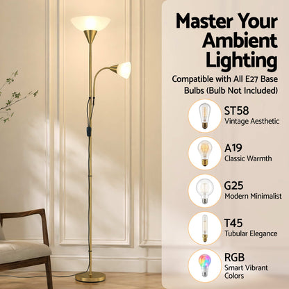 Artiss Gold Floor Lamp with Reading Light | Mother and Child Standing Lamp with 360 Flexible Gooseneck, Individual Switch &amp; Plate Shade, E27 &amp; E14 Bulb (Not Included) Home Living Room Office Reading