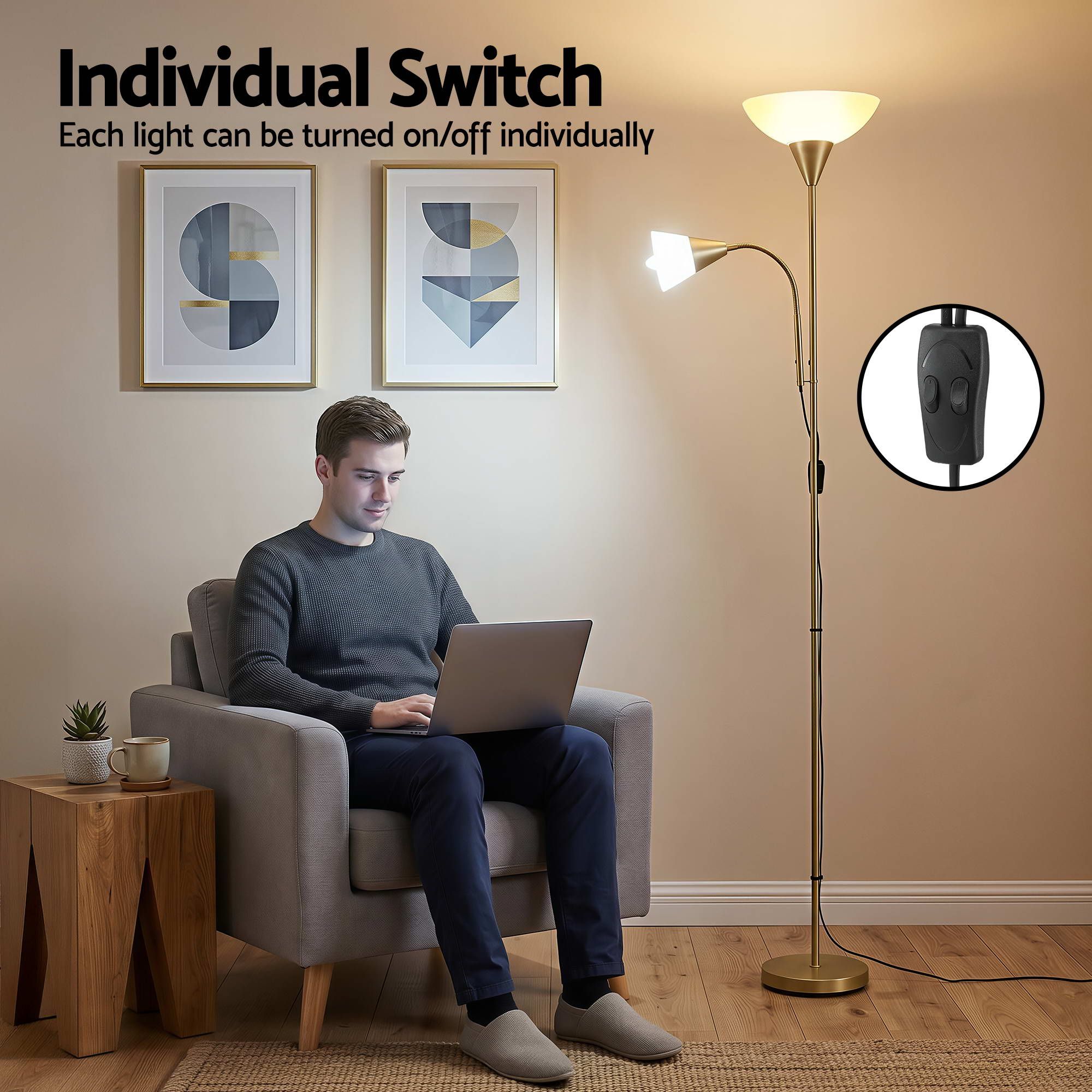 Artiss Gold Floor Lamp with Reading Light | Mother and Child Standing Lamp with 360 Flexible Gooseneck, Individual Switch &amp; Plate Shade, E27 &amp; E14 Bulb (Not Included) Home Living Room Office Reading