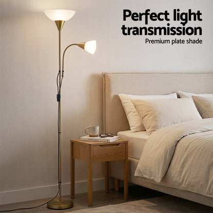 Artiss Gold Floor Lamp with Reading Light | Mother and Child Standing Lamp with 360 Flexible Gooseneck, Individual Switch &amp; Plate Shade, E27 &amp; E14 Bulb (Not Included) Home Living Room Office Reading