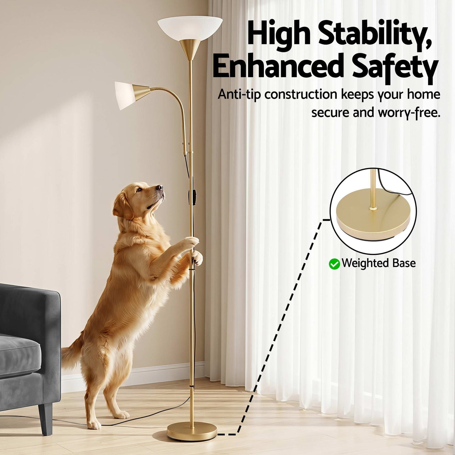 Artiss Gold Floor Lamp with Reading Light | Mother and Child Standing Lamp with 360 Flexible Gooseneck, Individual Switch &amp; Plate Shade, E27 &amp; E14 Bulb (Not Included) Home Living Room Office Reading