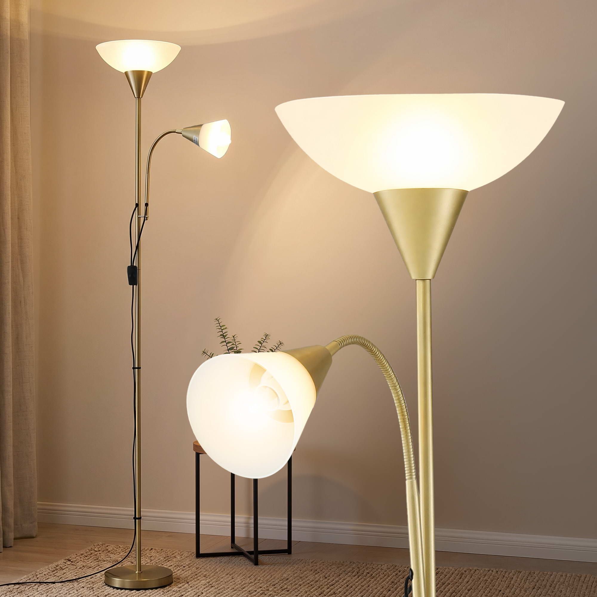 Artiss Gold Floor Lamp with Reading Light | Mother and Child Standing Lamp with 360 Flexible Gooseneck, Individual Switch &amp; Plate Shade, E27 &amp; E14 Bulb (Not Included) Home Living Room Office Reading