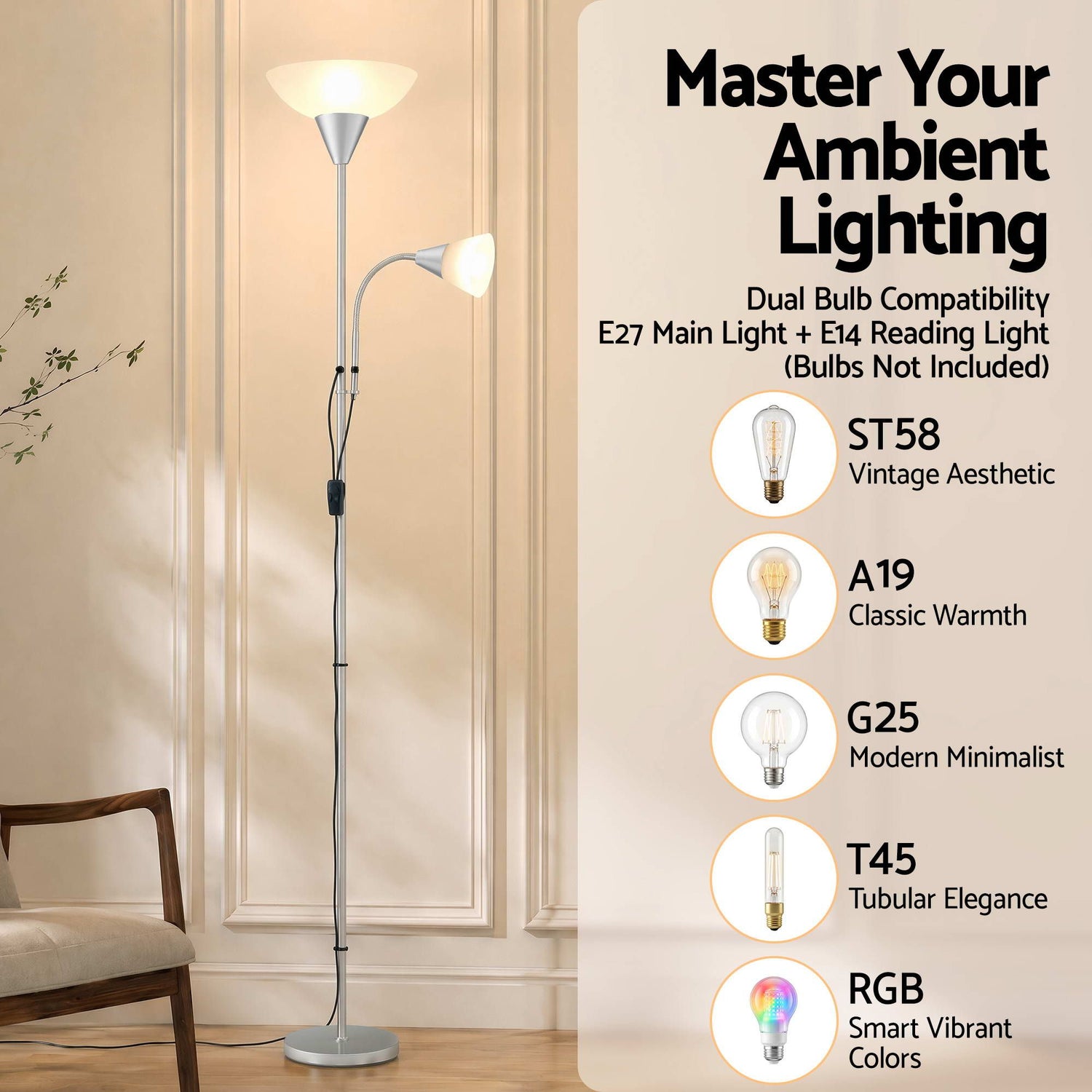 Artiss Floor Lamp Mother and Child Modern Home Living Room Office Reading Silver-Home &amp; Garden > Lighting > Floor Lamps-PEROZ Accessories