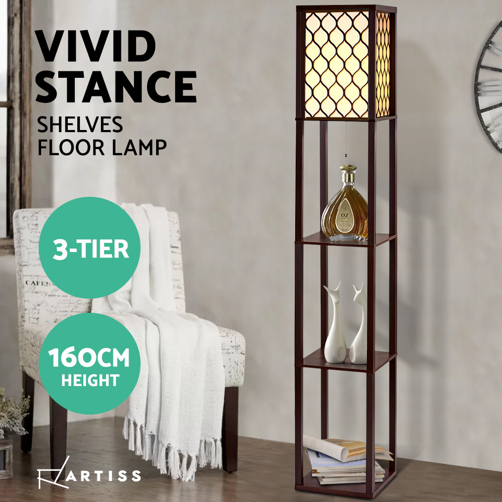 Artiss Floor Lamp 3 Tier Shelf Storage LED Light Stand Home Room Pattern Brown-Furniture &gt; Bedroom-PEROZ Accessories