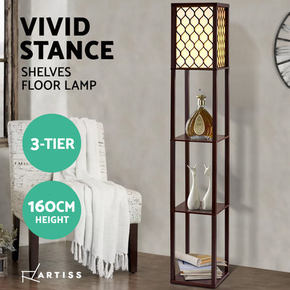 Artiss Floor Lamp 3 Tier Shelf Storage LED Light Stand Home Room Pattern Brown-Furniture &gt; Bedroom-PEROZ Accessories