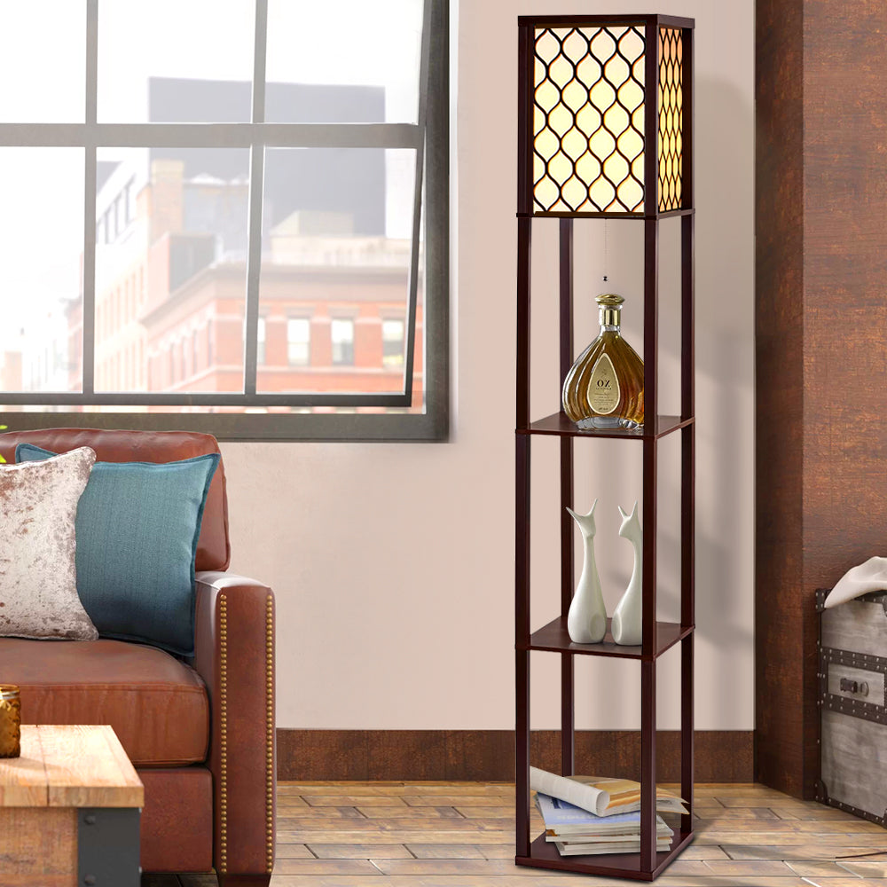 Artiss Floor Lamp 3 Tier Shelf Storage LED Light Stand Home Room Pattern Brown-Furniture &gt; Bedroom-PEROZ Accessories