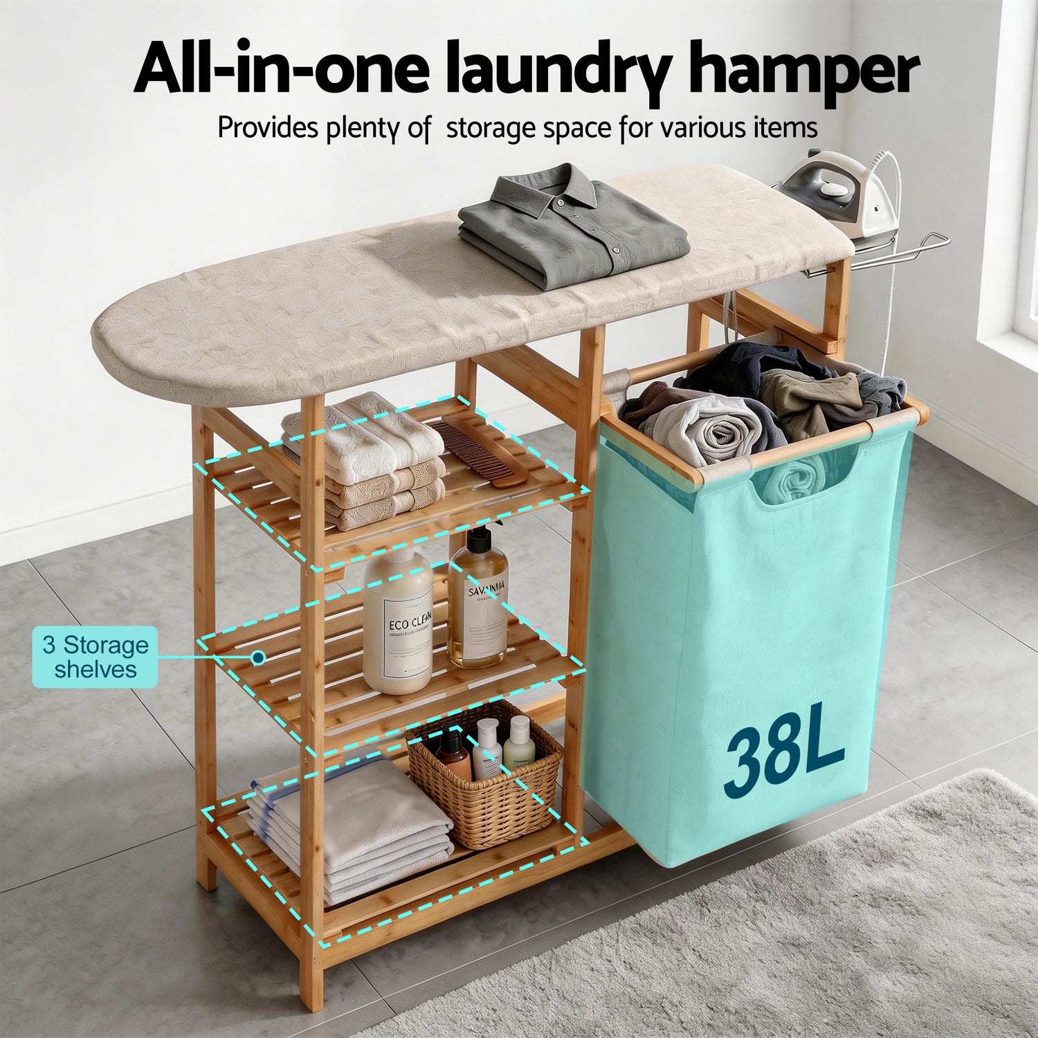 Artiss Laundry Basket Hamper with Ironing Board Bamboo-Home &amp; Garden > Laundry &amp; Cleaning > Laundry Baskets-PEROZ Accessories