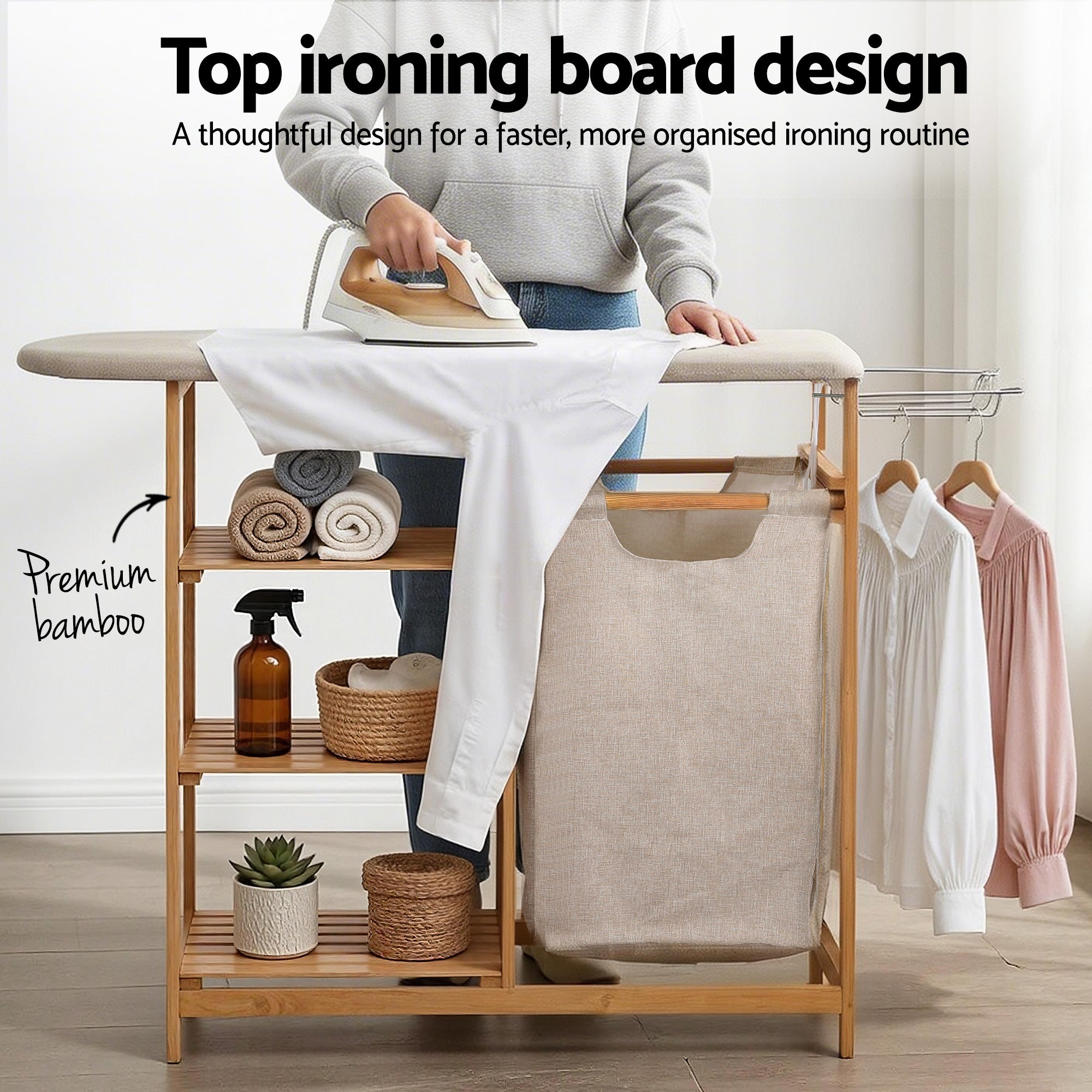 Artiss Laundry Basket Hamper with Ironing Board Bamboo-Home &amp; Garden > Laundry &amp; Cleaning > Laundry Baskets-PEROZ Accessories