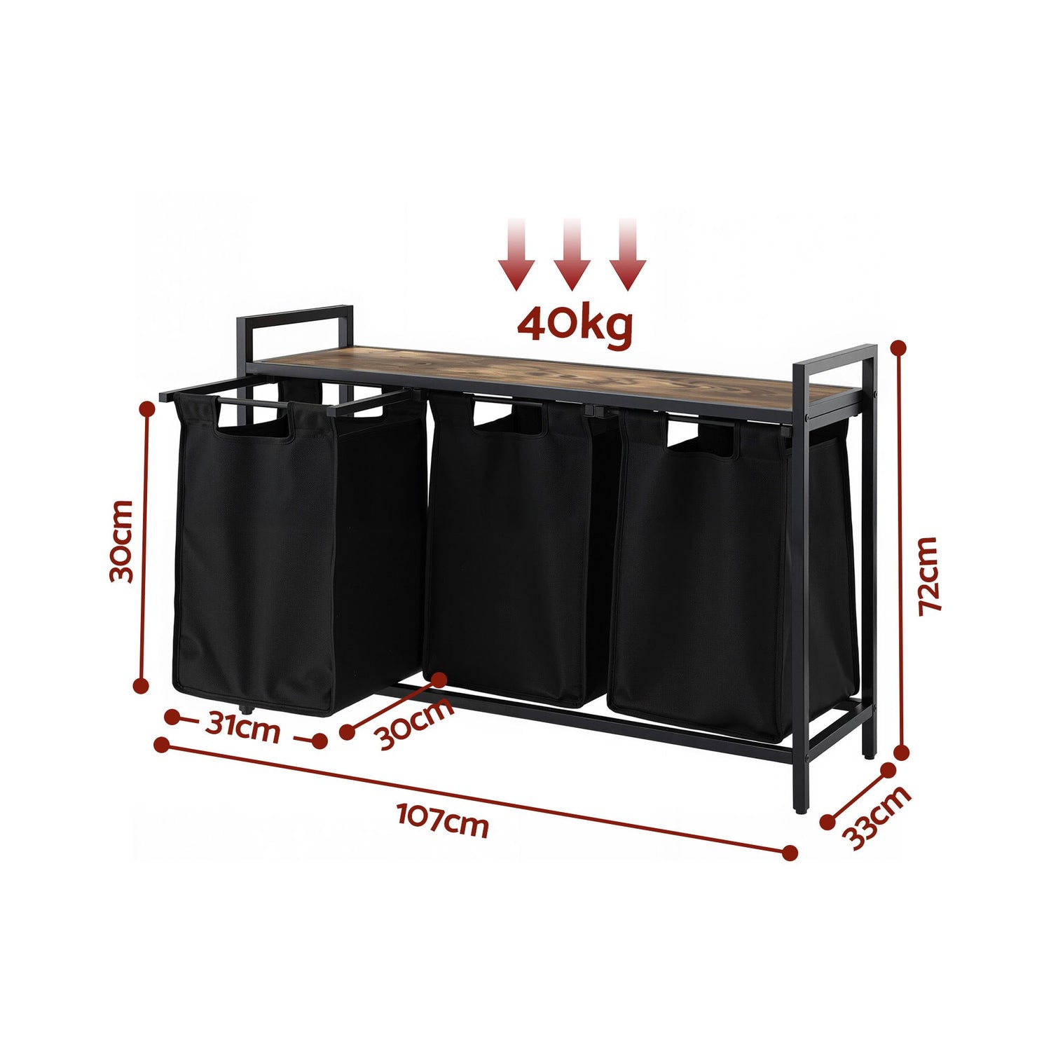 Artiss Laundry Basket with 3 Pull-out Bags Metal Frame Black-Home &amp; Garden > Laundry &amp; Cleaning > Laundry Baskets-PEROZ Accessories