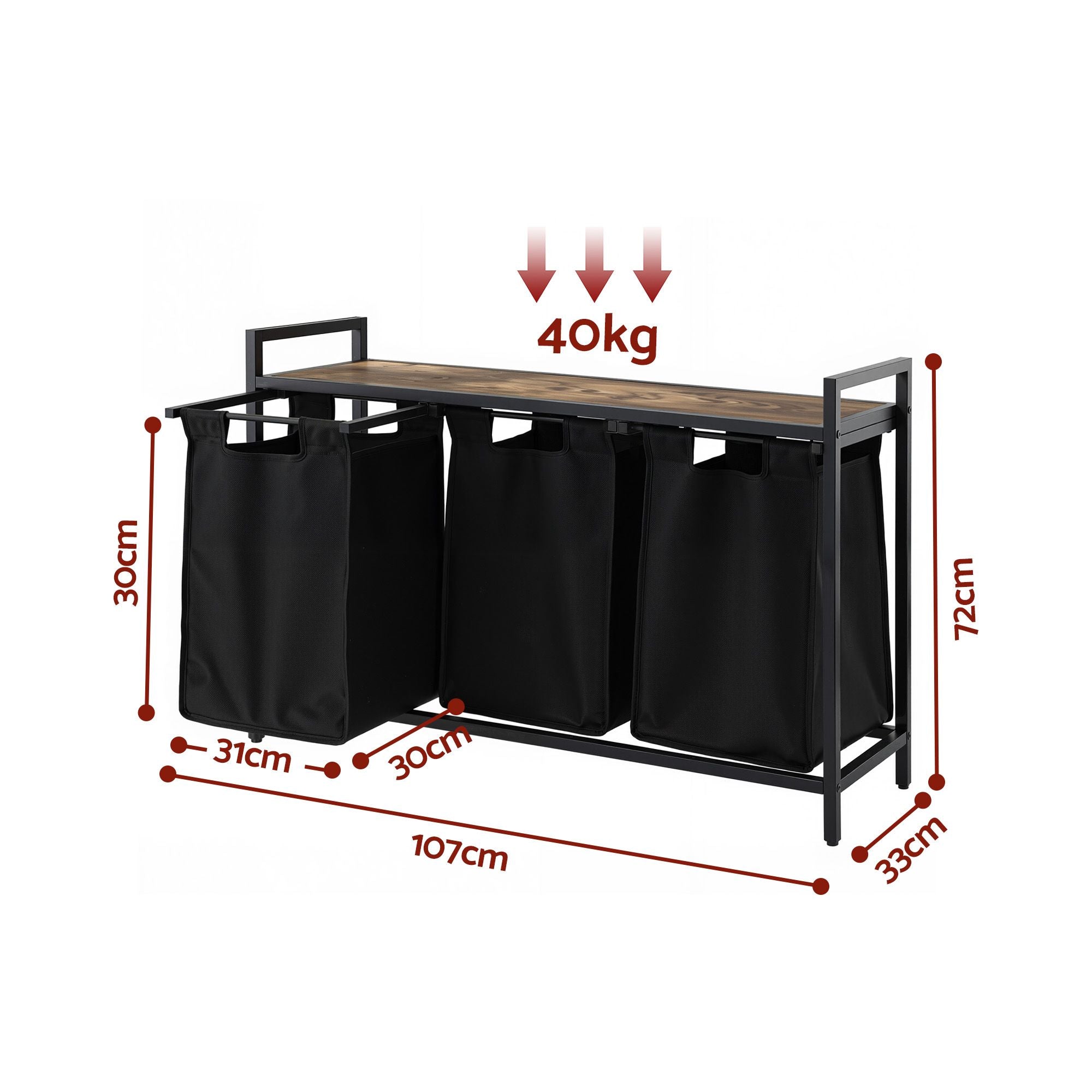 Artiss Laundry Basket with 3 Pull-out Bags Metal Frame Black-Home &amp; Garden > Laundry &amp; Cleaning > Laundry Baskets-PEROZ Accessories