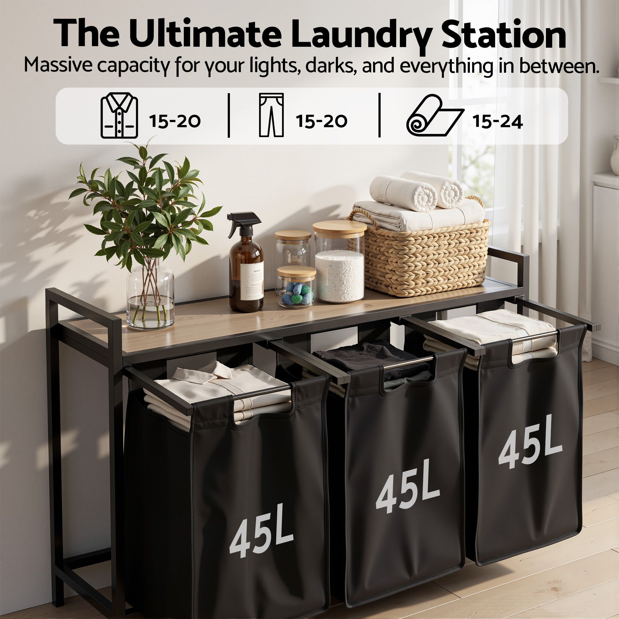 Artiss Laundry Basket with 3 Pull-out Bags Metal Frame Black-Home &amp; Garden > Laundry &amp; Cleaning > Laundry Baskets-PEROZ Accessories