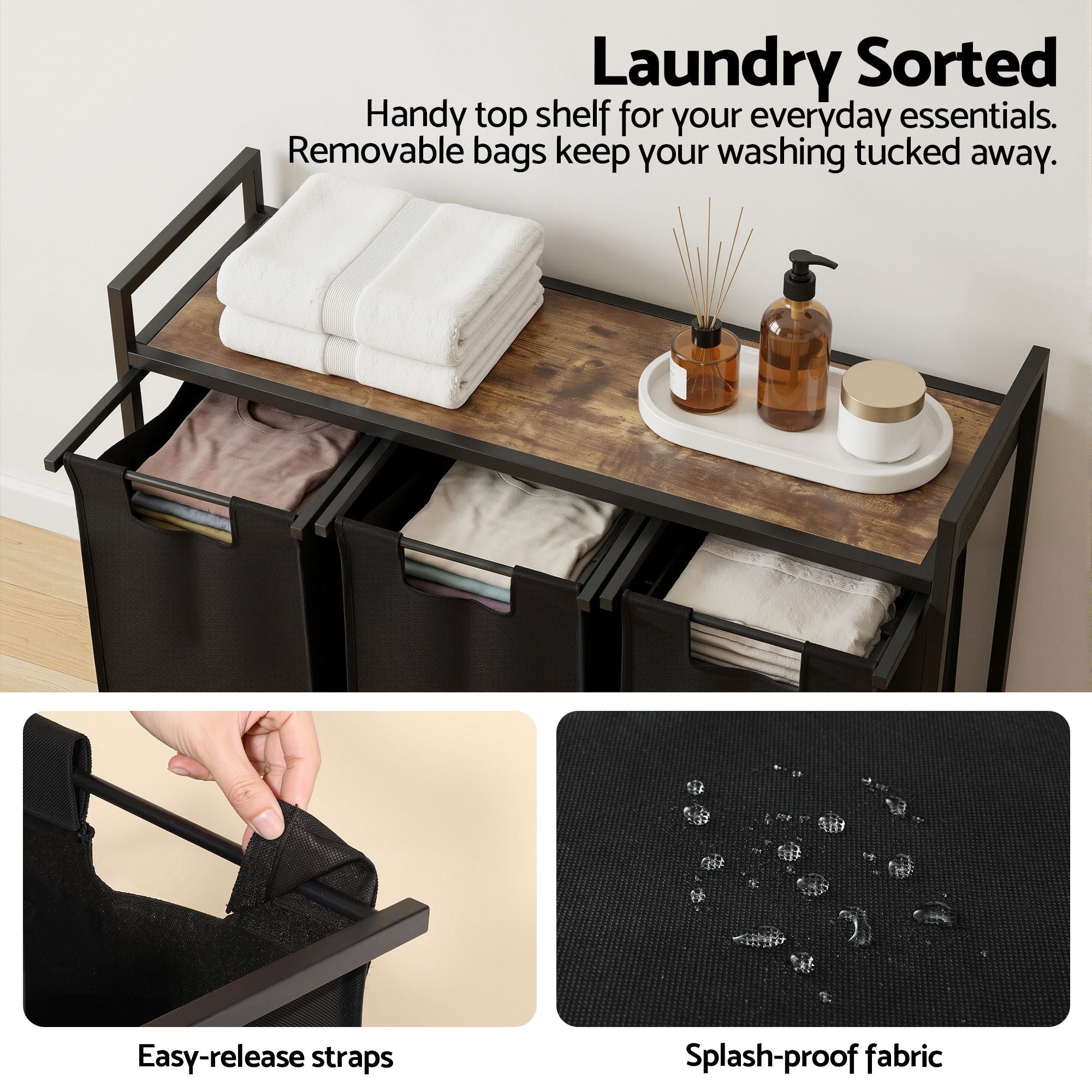 Artiss Laundry Basket with 3 Pull-out Bags Metal Frame Black-Home &amp; Garden > Laundry &amp; Cleaning > Laundry Baskets-PEROZ Accessories