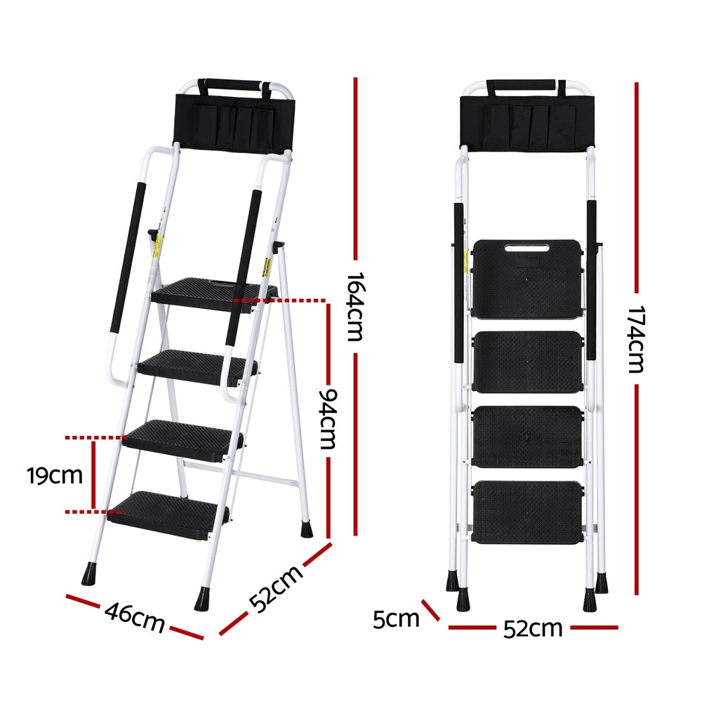 Giantz 4 Step Ladder Multi-Purpose Folding Steel Platform Tool Bag Handrails-Home &amp; Garden &gt; Storage &gt; Clothing &amp; Wardrobe Storage-PEROZ Accessories