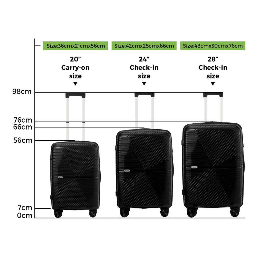 Mazam 3PCS Luggage Suitcase Set Black PP Case TSA Lock-Luggage Sets-PEROZ Accessories