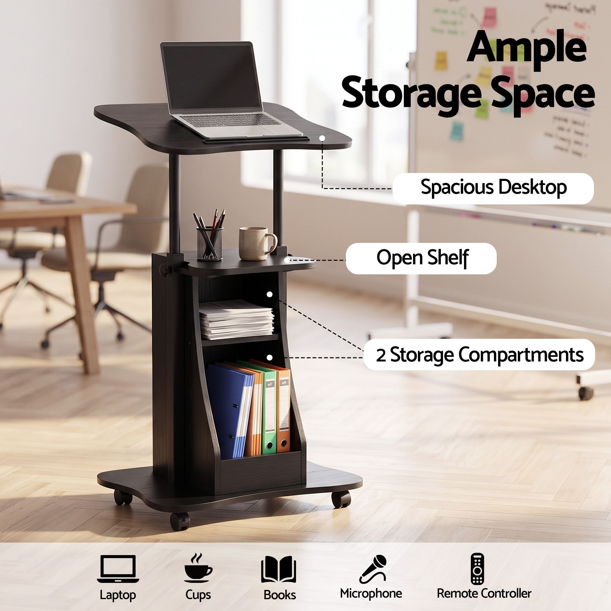 Artiss Mobile Podium Stand with Lockable Wheels Height Adjustable Laptop Desk Black