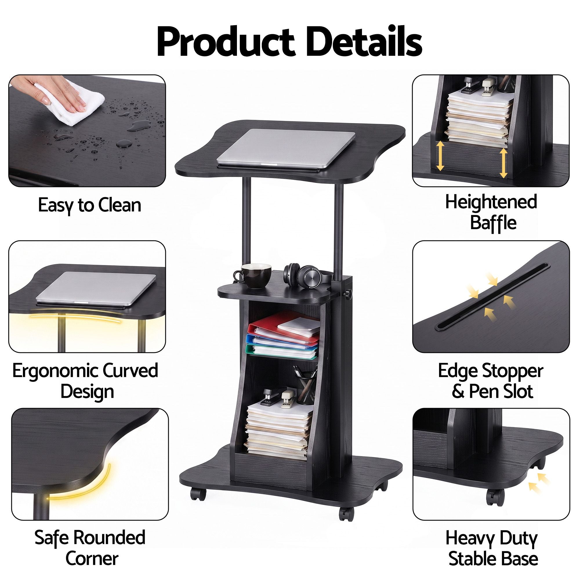 Artiss Mobile Podium Stand with Lockable Wheels Height Adjustable Laptop Desk Black