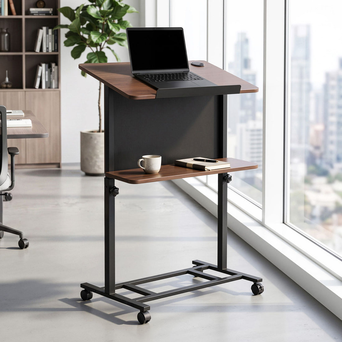 Artiss Mobile Lectern Podium Stand with Storage Shelf Height Adjustable Laptop Desk Black &amp; Walnut-Furniture > Office > Desks-PEROZ Accessories