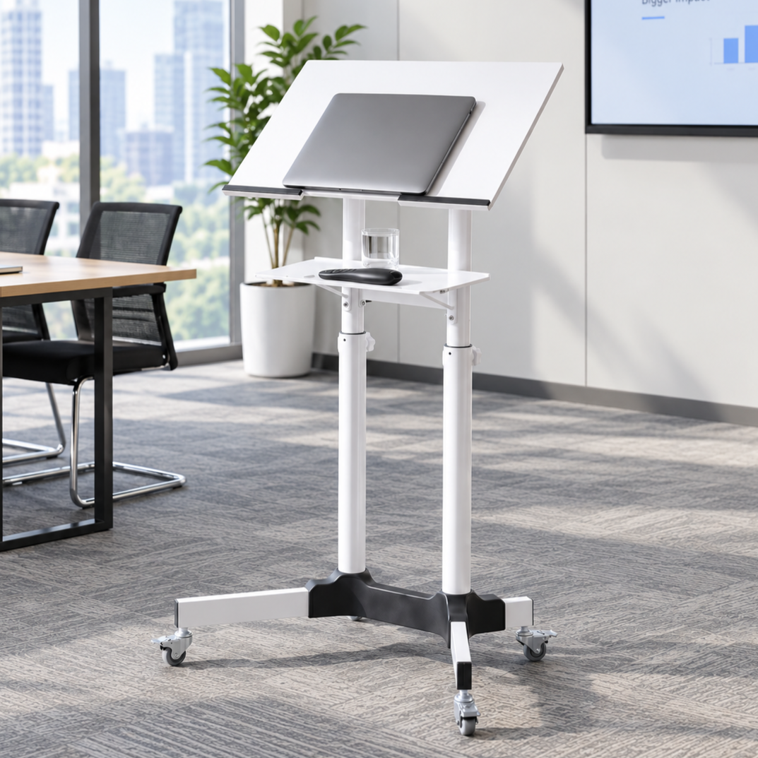 Artiss Mobile Lectern Stand, Adjustable Sit-to-Stand Presentation Podium w/ Wheels White-Furniture > Office > Desks-PEROZ Accessories