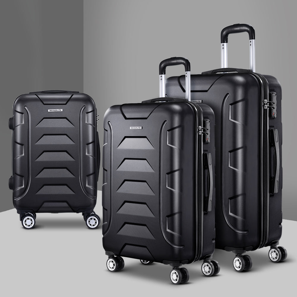 Wanderlite 3pc Luggage Trolley Travel Suitcase Set TSA Hard Case Lightweight Black-Luggage-PEROZ Accessories