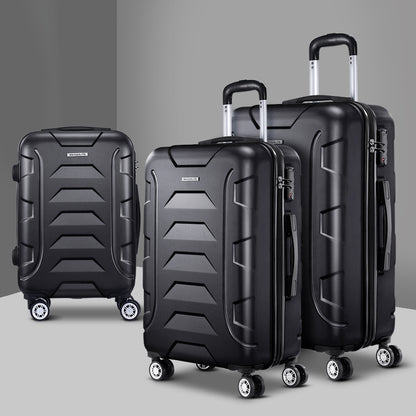 Wanderlite 3pc Luggage Trolley Travel Suitcase Set TSA Hard Case Lightweight Black-Luggage-PEROZ Accessories