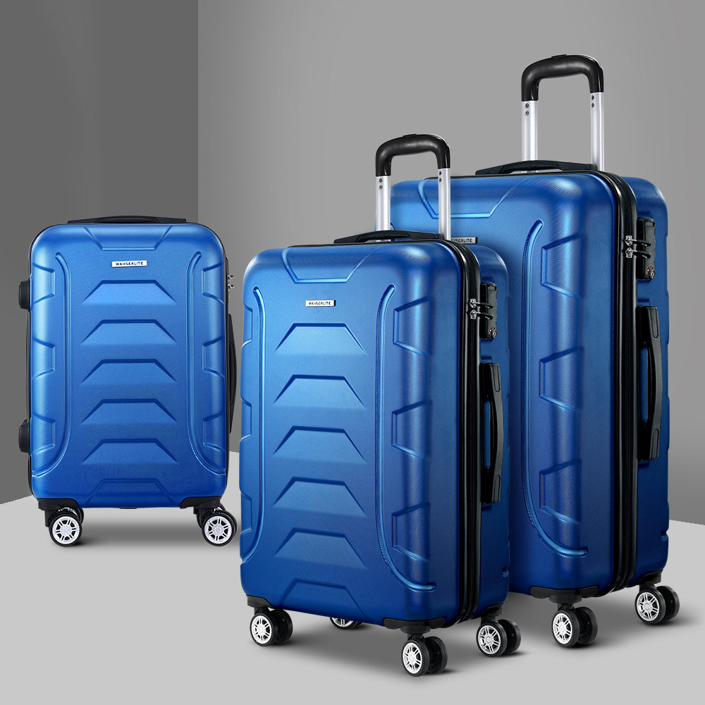 Wanderlite 3pc Luggage Trolley Travel Suitcase Set TSA Hard Shell Case Strap Blue-Luggage-PEROZ Accessories