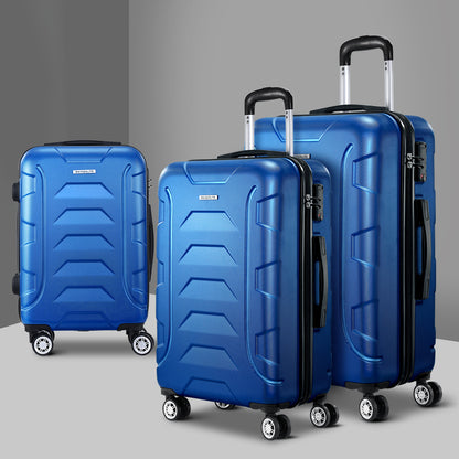 Wanderlite 3pc Luggage Trolley Travel Suitcase Set TSA Hard Shell Case Strap Blue-Luggage-PEROZ Accessories