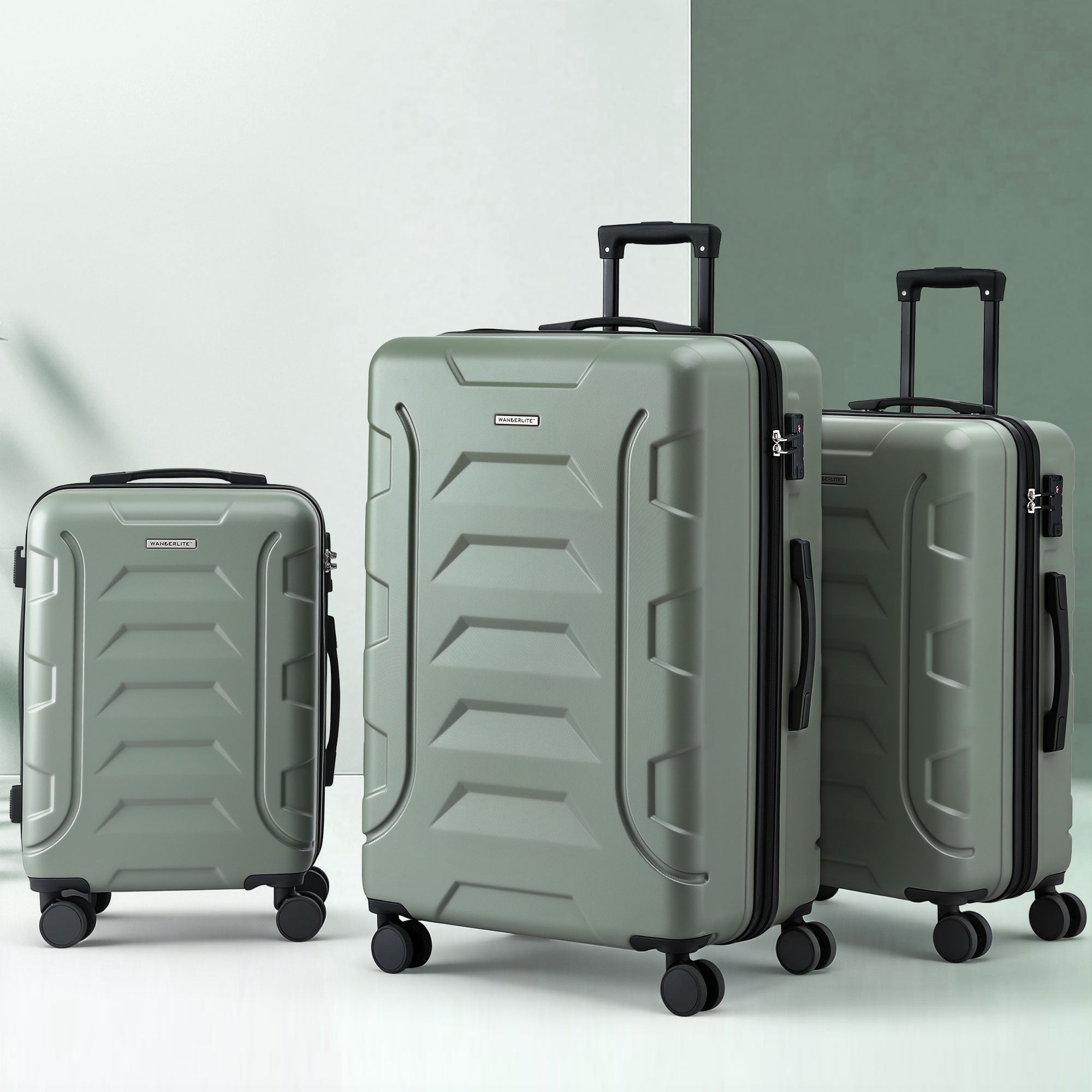 Wanderlite 3pcs Luggage Suitcase Set Trolley Travel TSA Lightweight Hard Case Grey Green-Home &amp; Garden > Travel > Suitcases-PEROZ Accessories