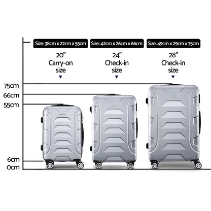 Wanderlite 3pc Luggage Trolley Travel Suitcase Set TSA Hard Case Shell Strap Silver-Luggage-PEROZ Accessories