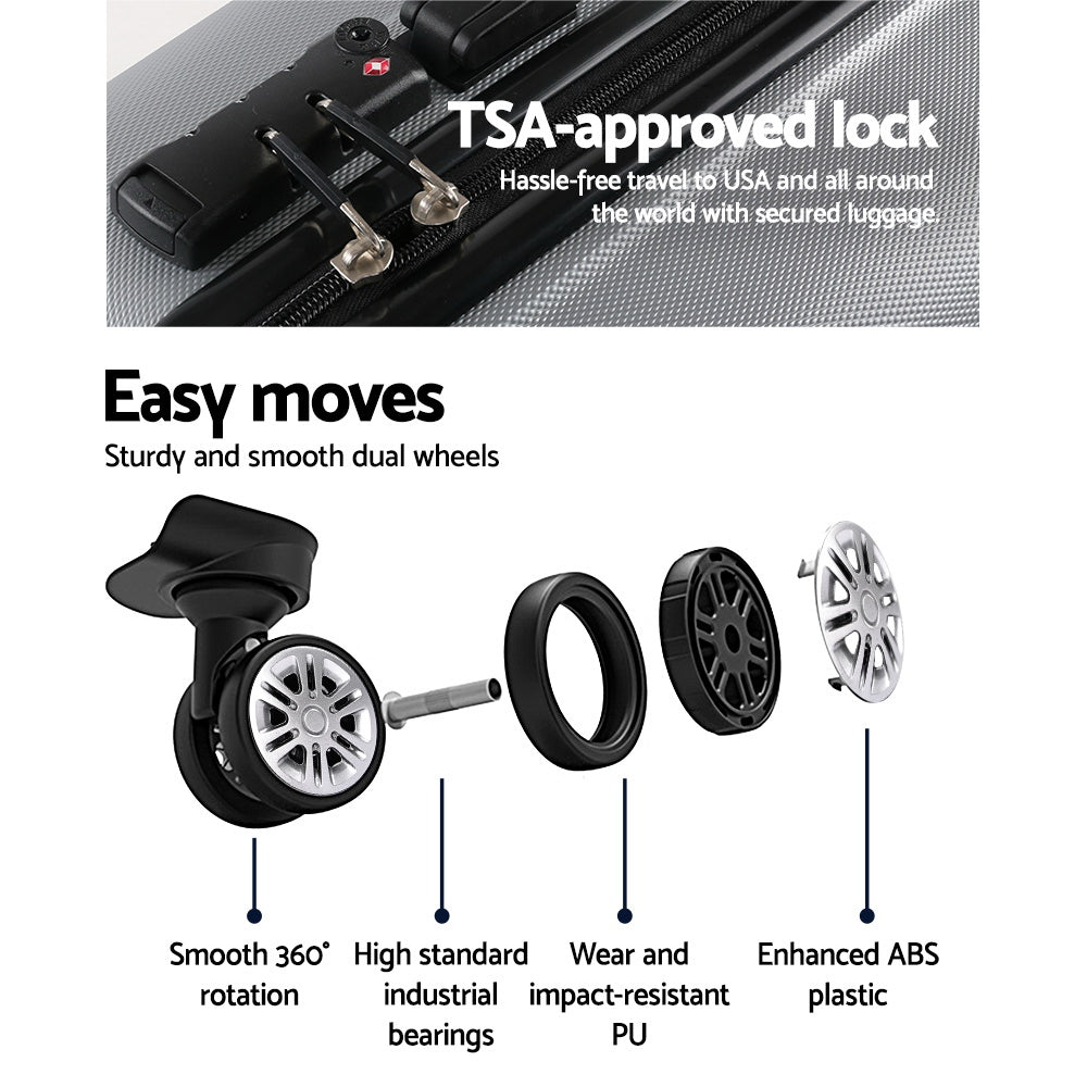 Wanderlite 3pc Luggage Trolley Travel Set Suitcase Carry On TSA Lock Hard Case Lightweight Silver-Luggage-PEROZ Accessories
