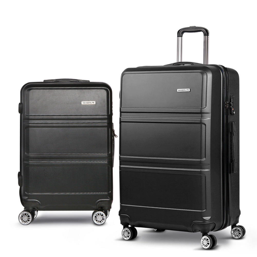 Wanderlite 2pc Luggage Trolley Set Suitcase Travel TSA Carry On Hard Case Lightweight Black-Luggage-PEROZ Accessories