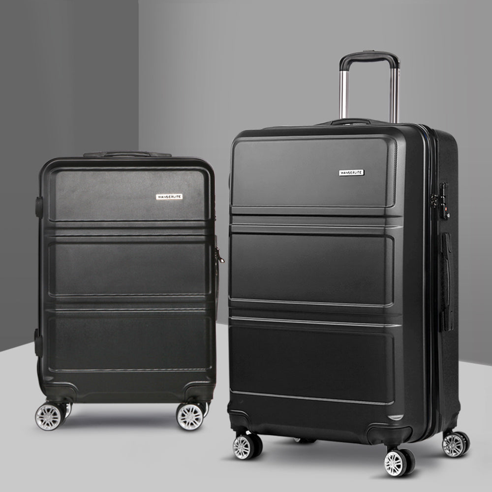Wanderlite 2pc Luggage Trolley Set Suitcase Travel TSA Carry On Hard Case Lightweight Black-Luggage-PEROZ Accessories