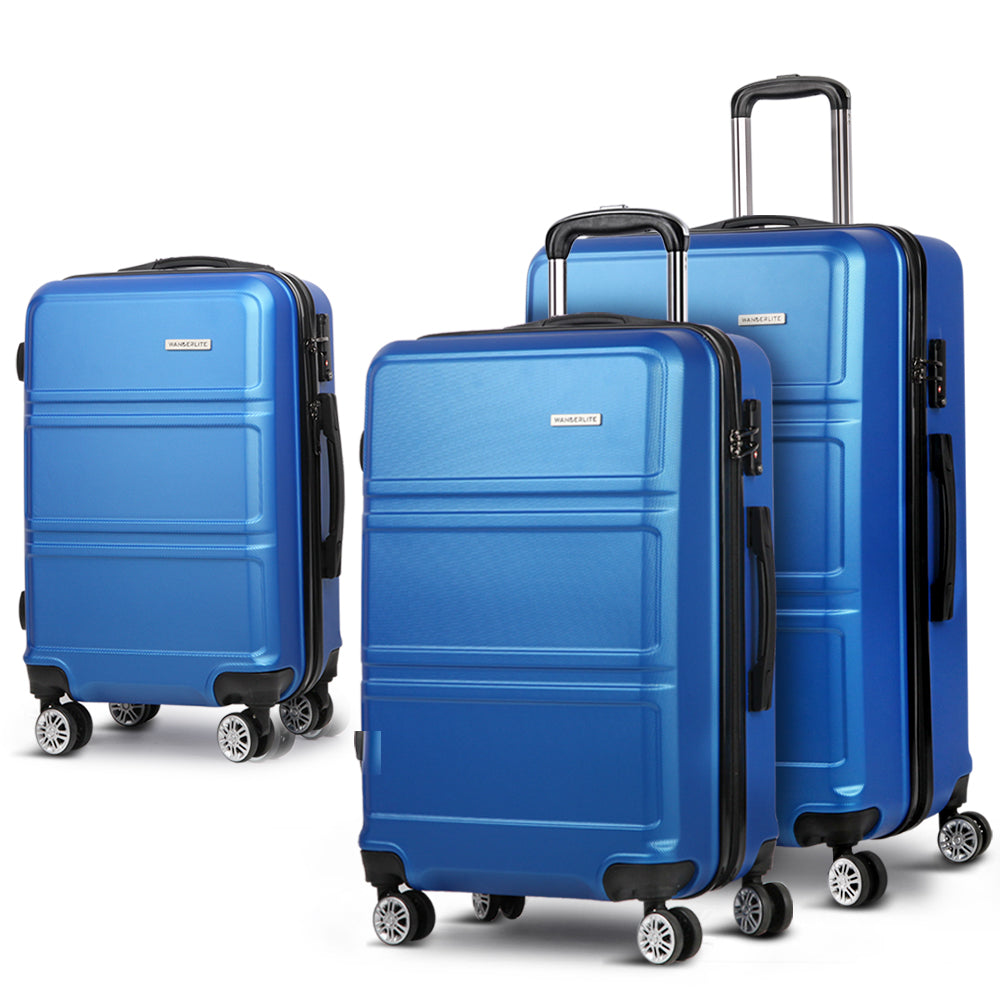 Wanderlite 3pc Luggage Trolley Set Suitcase Travel TSA Carry On Hard Case Lightweight Blue-Luggage-PEROZ Accessories