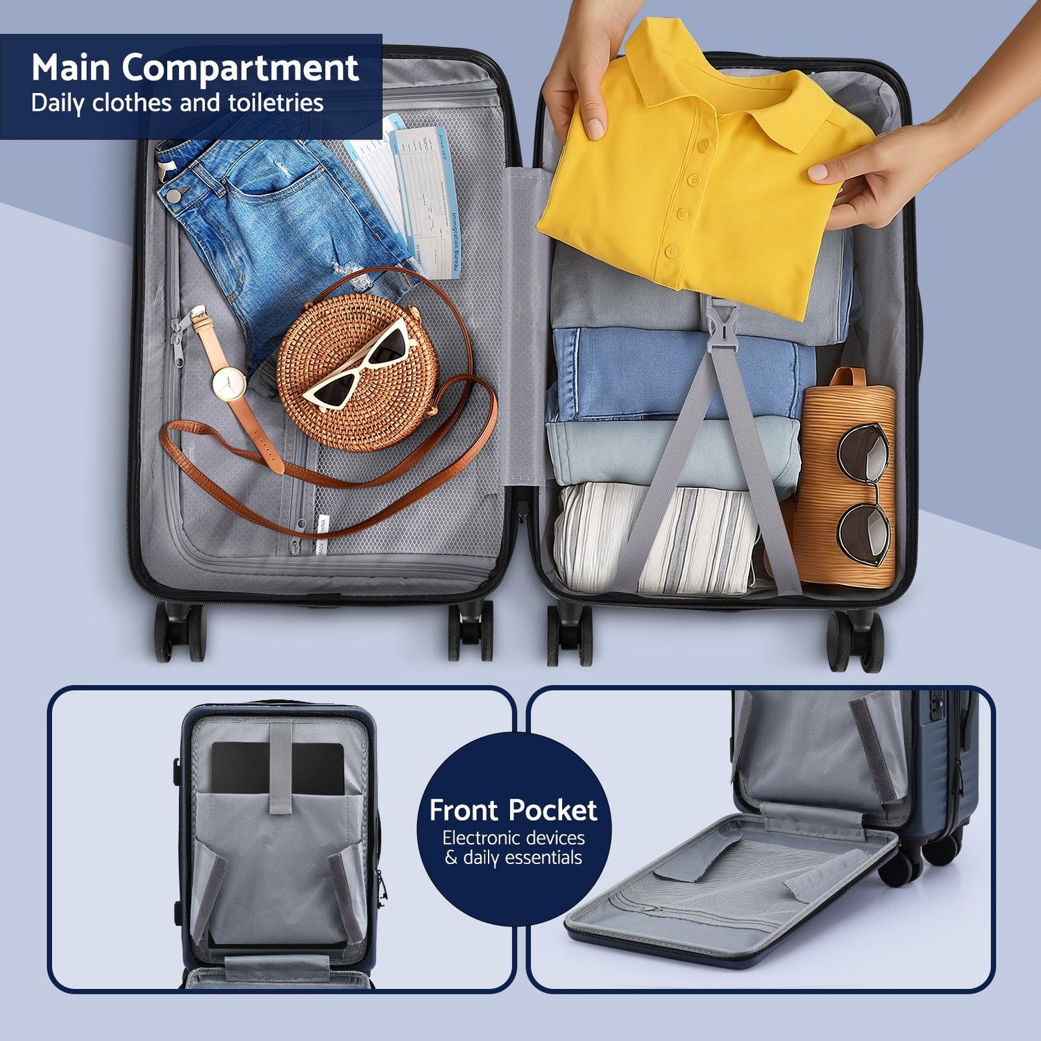 Wanderlite 20" Luggage Suitcase Front Pocket Travel Carry On Dual TSA Navy-Home &amp; Garden > Travel > Suitcases-PEROZ Accessories